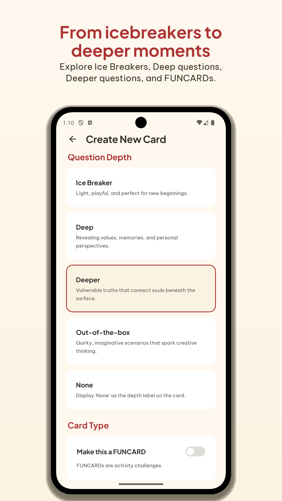 DeepTalk create card screen for writing custom prompts