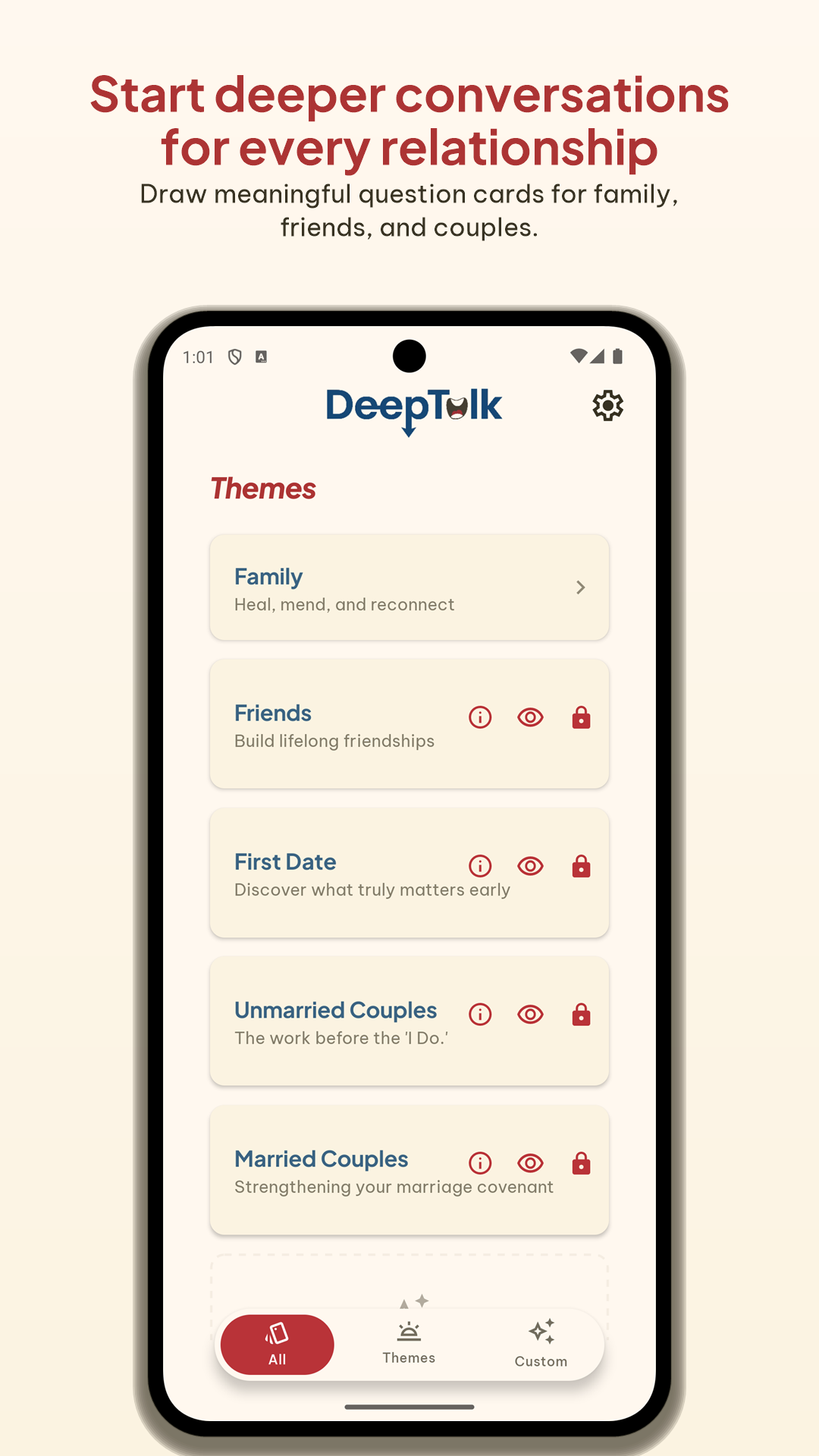 DeepTalk home screen showing themed and custom decks